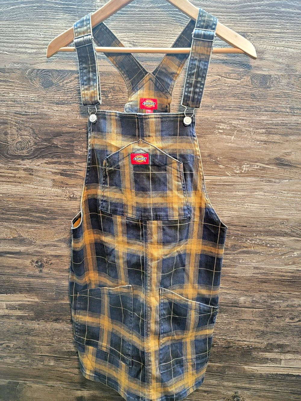 Dickies Women's Plaid Flannel Cotton Bib Overalls Dress Blue/Yellow Size L NWOT